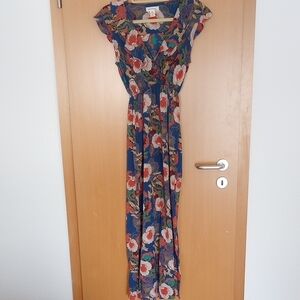 Monteau Blue Multi Color Ruffled Maxi Sundress with Flutter Sleeves Floral Small